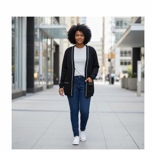 Four My‎ By Cintas Knit Contrast Trim Cardigan Sweater NWT